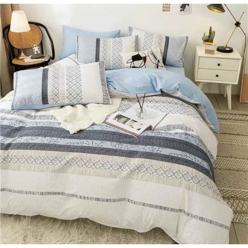 Bộ chăn ga gối cotton 3D thổ cẩm xanh mềm mịn mát dày dặn bộ 5 món tặng kèo vỏ gối ôm (video thật)