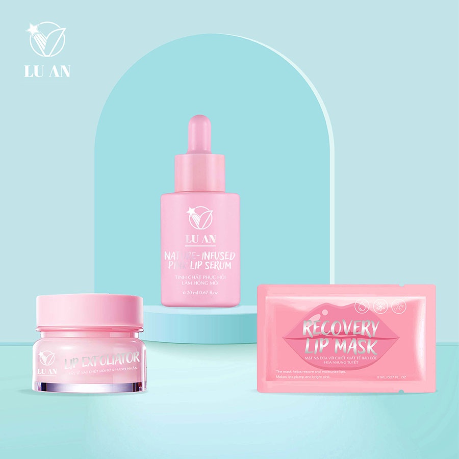 Combo tẩy da chết môi V Lu An30ml + tinh chất làm hồng môi V Lu An20ml + Mặt nạ phục hồi dưỡng ẩm môi V Lu An 5 x 8ml