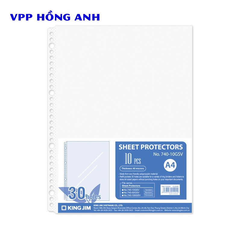 Bìa lỗ A4 30 lỗ King Jim 740-10GSV xấp 10 cái / Sheet Protectors 30 Holes 740-10GSV