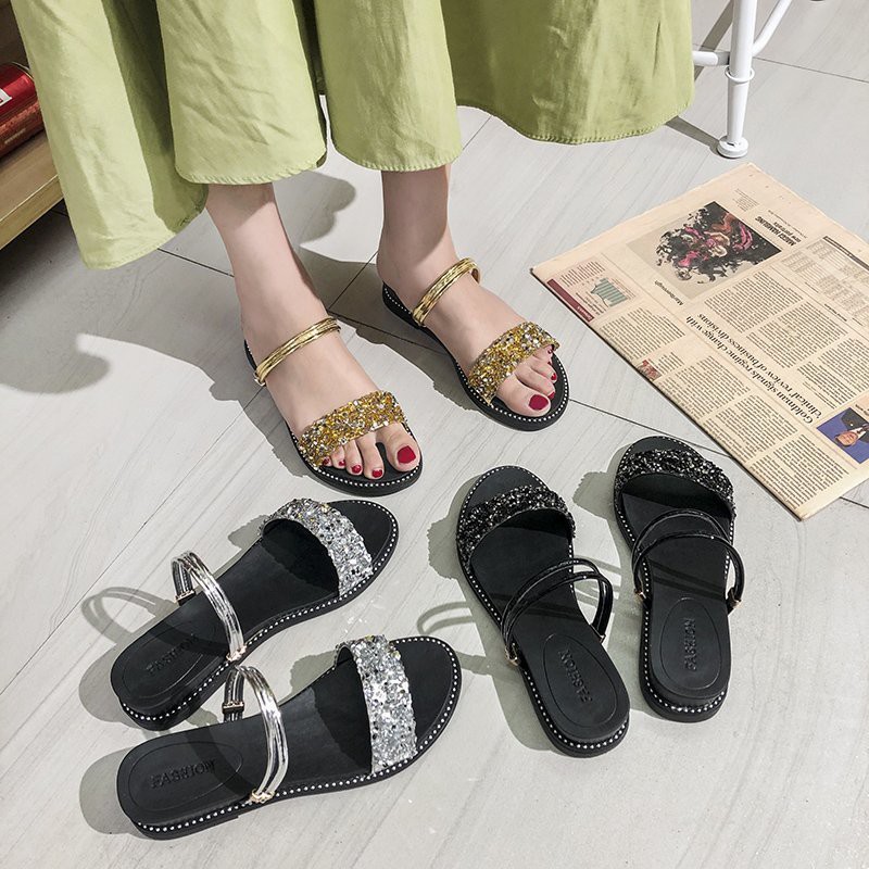Giày Sandal Đế Bệt Hai Cách Mang Đính Kim Sa Thời Trang Nữ 2021