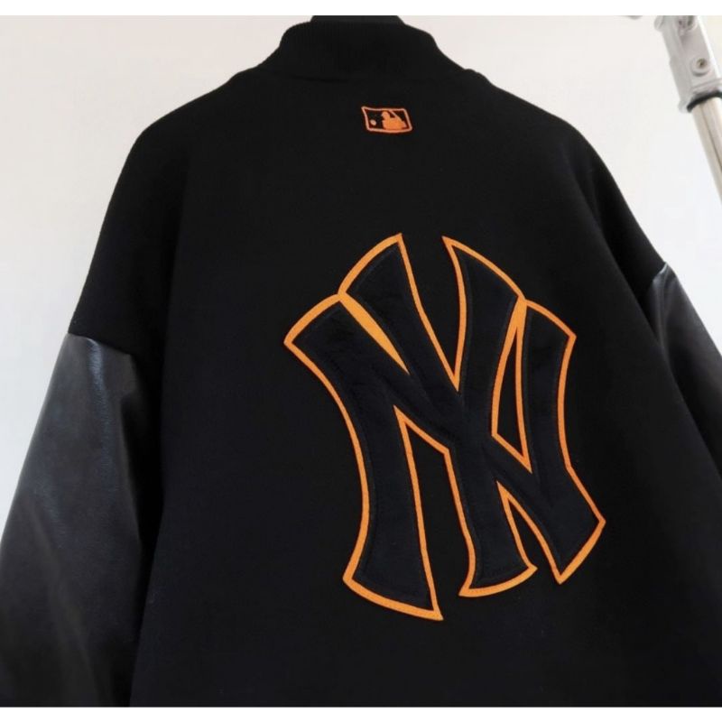 0Áo varsity jacket M.L.B NY dạ dày dặn phối tay da,Áo bomber dạ form rộng nam