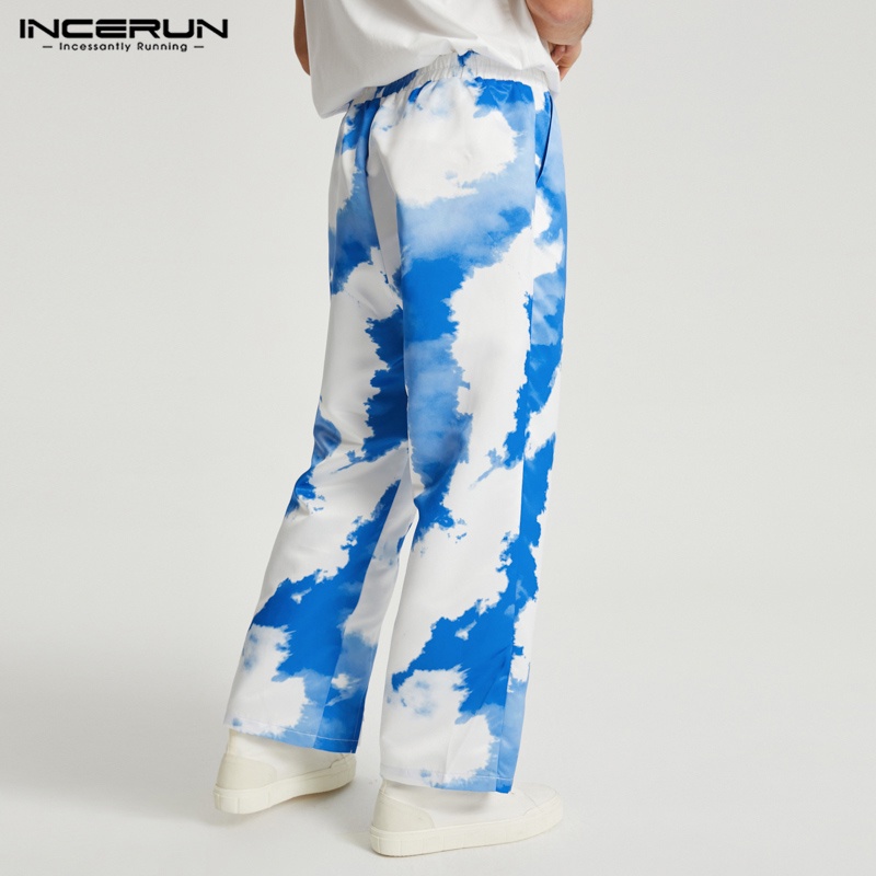 Quần ống rộng lưng thun INCERUN vải co giãn xẻ tà in họa tiết màu xanh dương thời trang cho nam