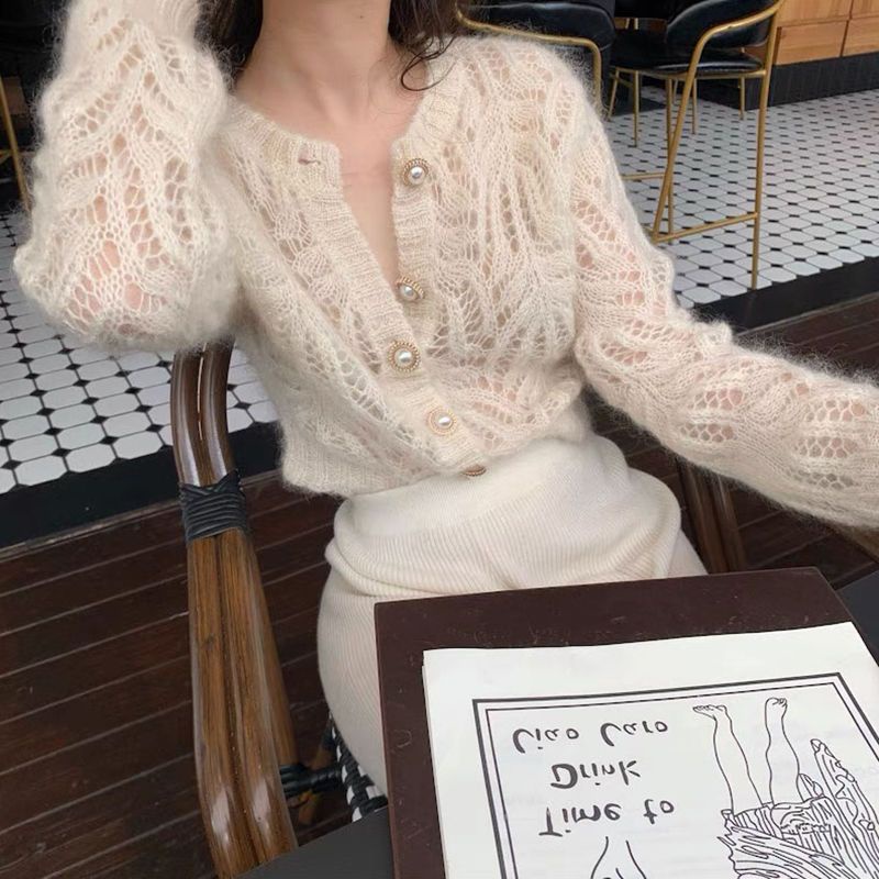 Áo Khoác Cardigan Dệt Kim Dáng Ngắn Thiết Kế Lỗ Lưới Thời Trang Cao Cấp Cho Nữ