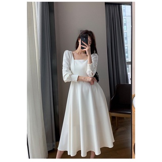 Váy xoè cổ vuông basic tay bồng chiết ly eo sang chảnh