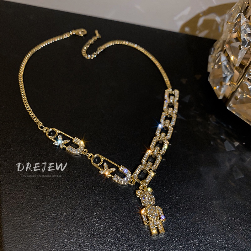 DREJEW Dây chuyền nữ mặt hình gấu dễ thương đính kim cương giả phong cách Hàn Quốc độc đáo