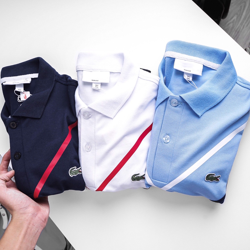 Áo Thun Nam Polo Lacoste Sọc Chéo 3 màu Logo Cá Sấu Thêu cực xịn - vải nhẹ mát
