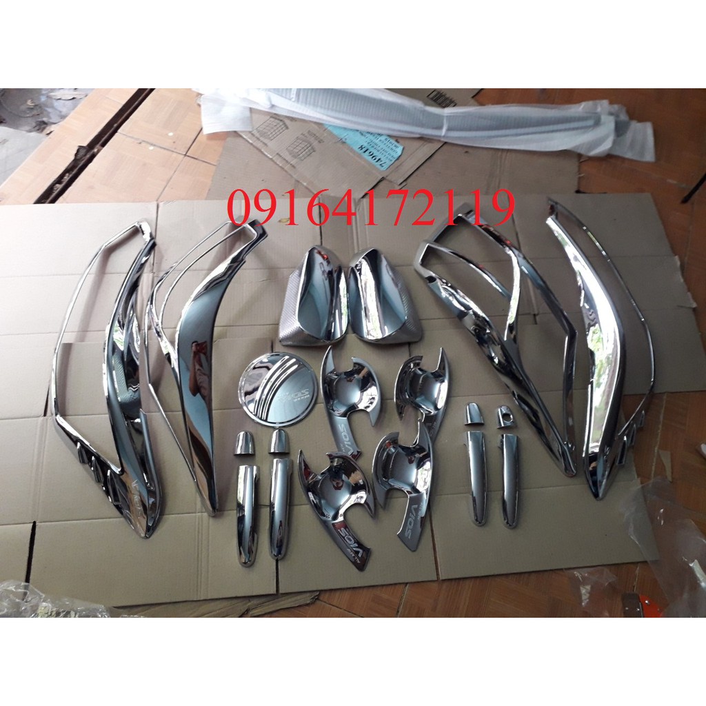 Bộ ốp mạ crom Pha + hậu + tay + Hõm cửa + ốp Gương + Nắp xăng dành cho form Toyota Vios 2014-2018