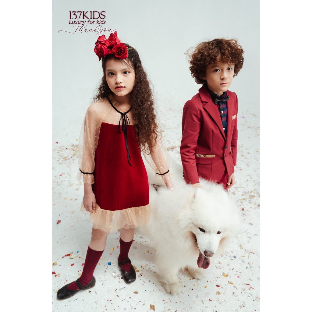 Váy nhung đỏ thiết kế tay voan 137KIDS dáng xòe cho bé gái