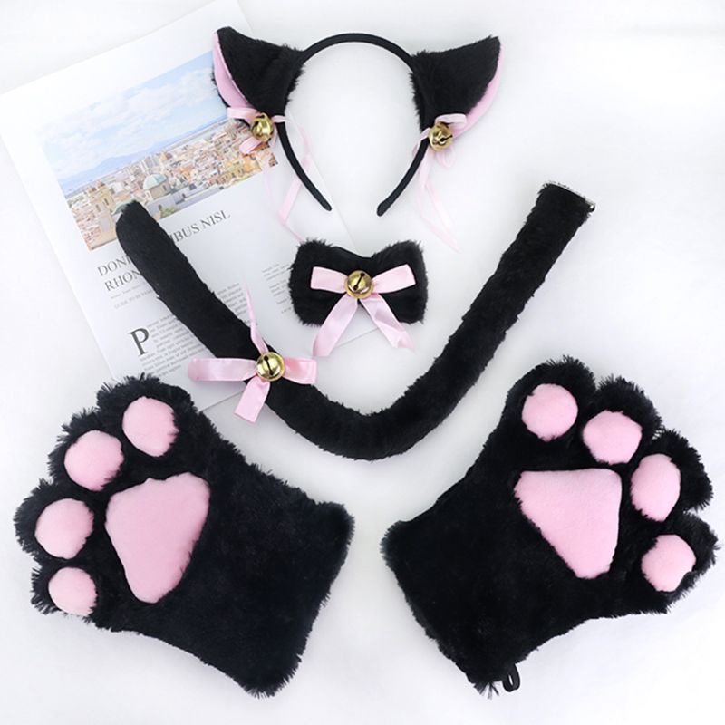 Set cài tóc tai mèo lông xù + nơ cổ + đôi găng tay vuốt mèo + đuôi kiểu dáng gợi cảm dùng để hóa trang cho nữ