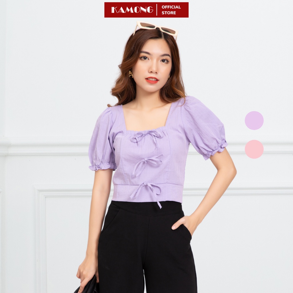 Áo croptop cổ vuông phối nơ KAMONG A076