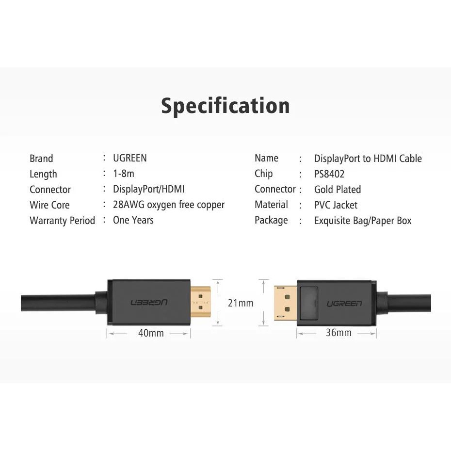 Cáp Displayport to HDMI dài 1.5M Ugreen 10239. Displayport Sang HDMI hàng chính hãng bảo hành 18 tháng