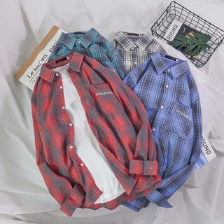 NEW Áo Sơ Mi Tay Dài Kẻ Sọc Vuông Trẻ Trung Cho Nam Nữ