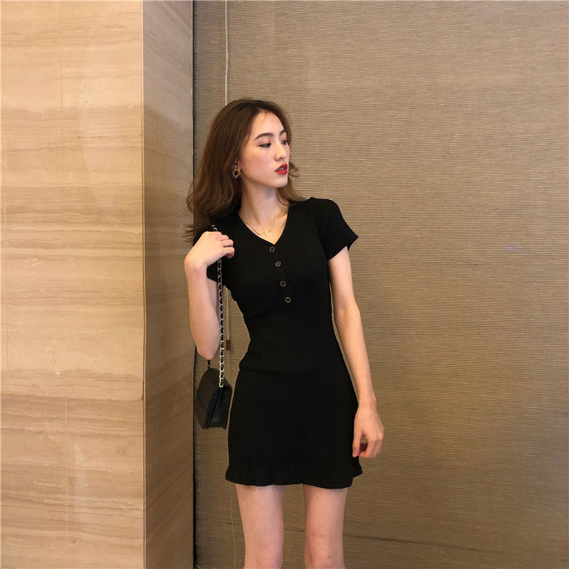 Đầm dệt kim tay ngắn cổ chữ v thiết kế ôm sát tôn dáng thời trang cho nữ