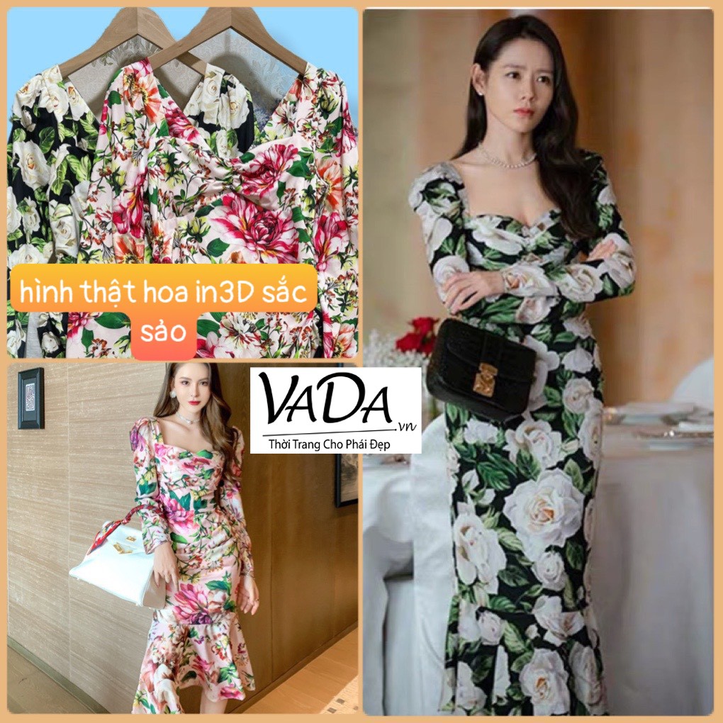 Đầm Body Tay Dài in Hoa 3D đuôi cá chất lụa mát, đi dự tiệc, đi biển, dạo phố cực sang - Thời trang VADA (BD185)