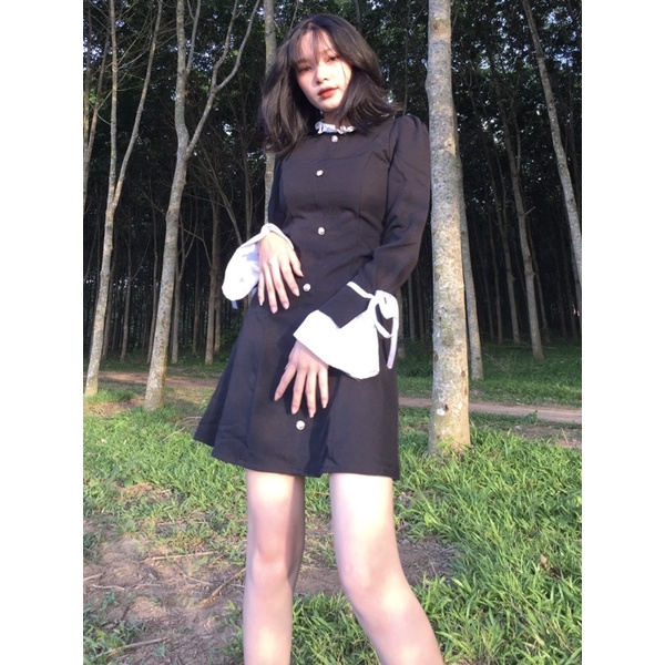 (CLIP THẬT) Đầm dự tiệc tiểu thư đen nút vàng | BigBuy360 - bigbuy360.vn