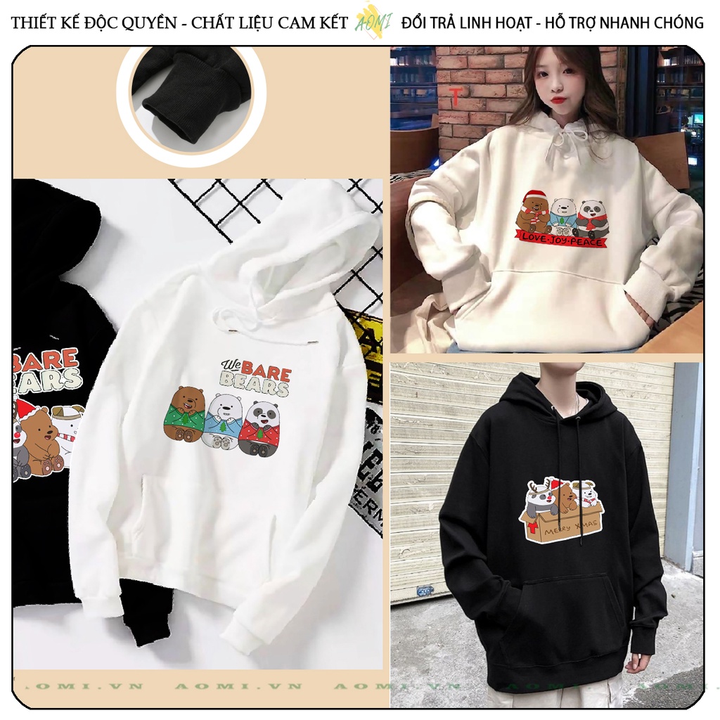 Áo khoác Nỉ Bông HOODIE Kawaii 3 chú gấu we are bear tay dài da cá mũ trùm đầu unisex full size AOMIVN