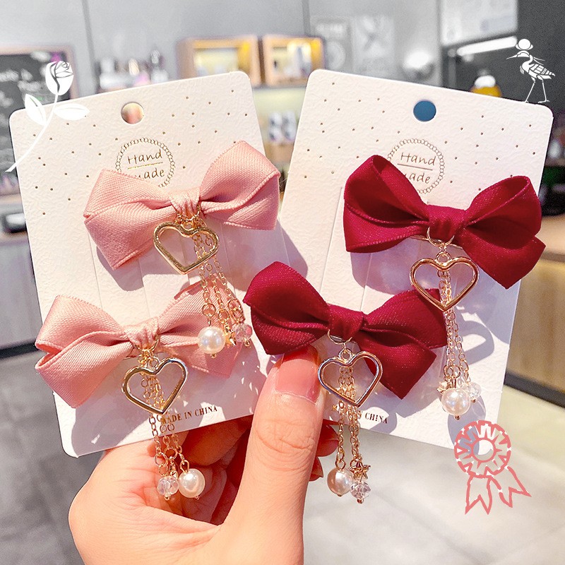 Set 2 kẹp nơ nhỏ gắn trái tim xinh xắn cho bé xịn mịn siêu cute phong cách Hàn Quốc - Selenshop