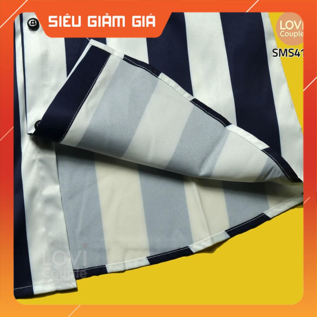 SMS412-Áo Sơ Mi Sọc Xanh Đen Tay Dài Unisex