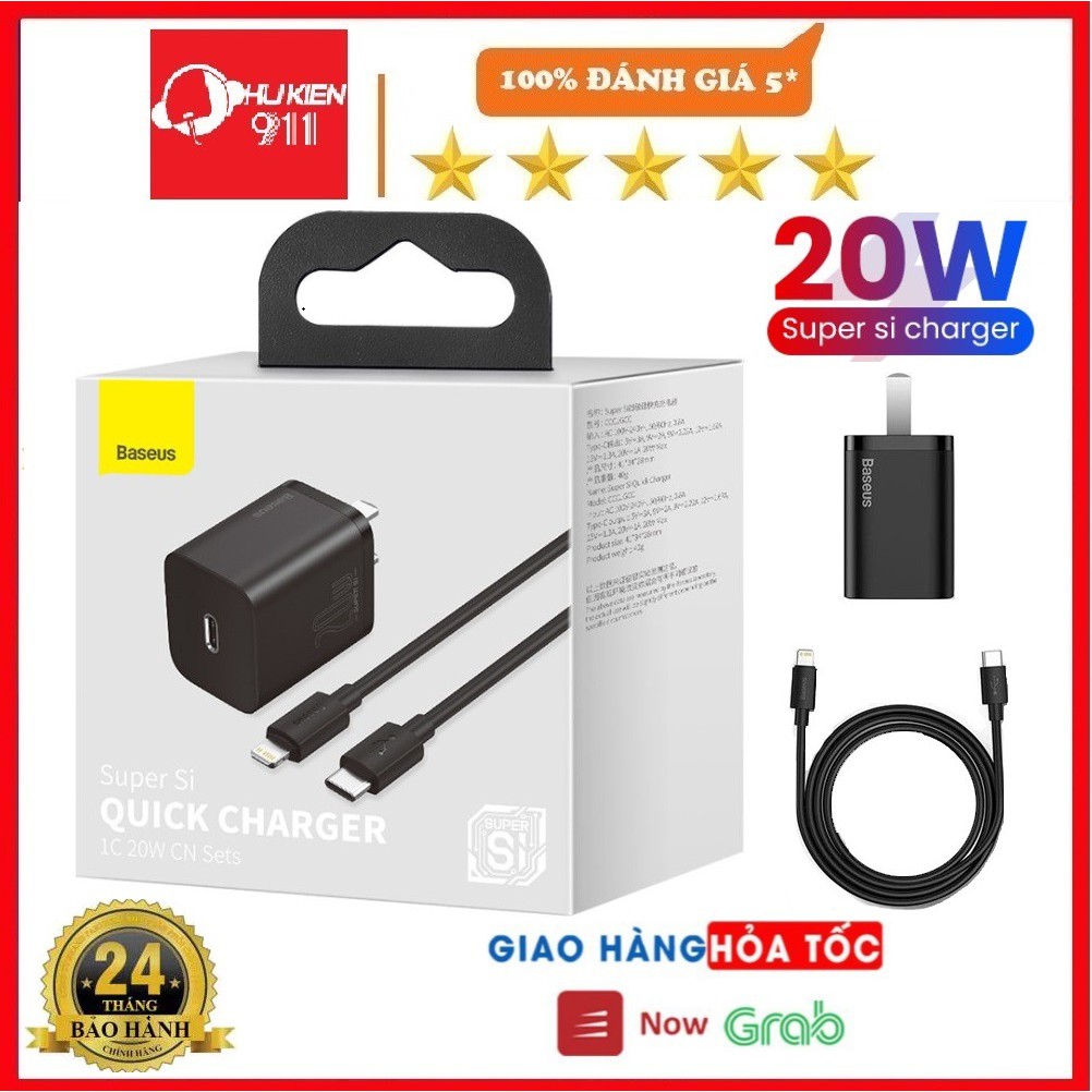 Bộ Sạc Baseus 20W PD Super Si Type C, Củ Sạc Nhanh QC3.0 Kích Thước Nhỏ Gọn Cho Android / iPhone 12 Pro Max