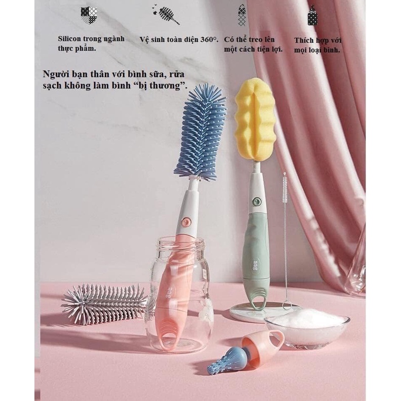 Set cọ rửa bình sữa EMMA KIDS - Bộ cọ bình silicon cao cấp 4 chi tiết