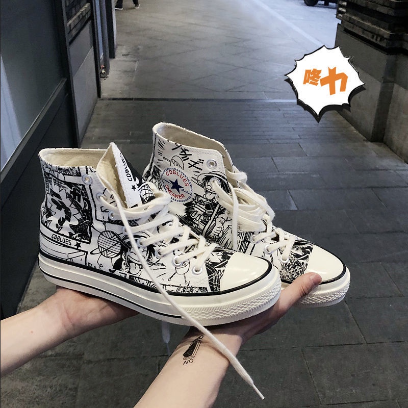 Giày Thể Thao Canvas Cổ Cao In Họa Tiết Graffiti Phong Cách One Piece Thời Trang Năm 1970 Cho Nam