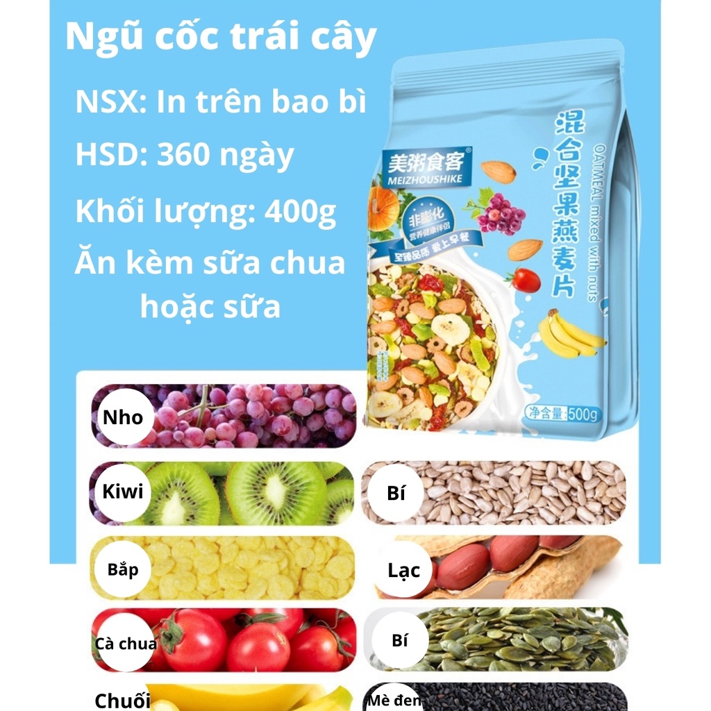 Ngũ cốc yến mạch trái cây nguyên hạt ăn liền, bổ sung dinh dưỡng cho người giảm cân, ăn kiêng, bà bầu, eat clean