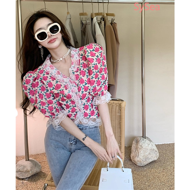 Áo Sơ Mi Phối Ren Hoa Thời Trang Mùa Hè Vintage Cho Nữ