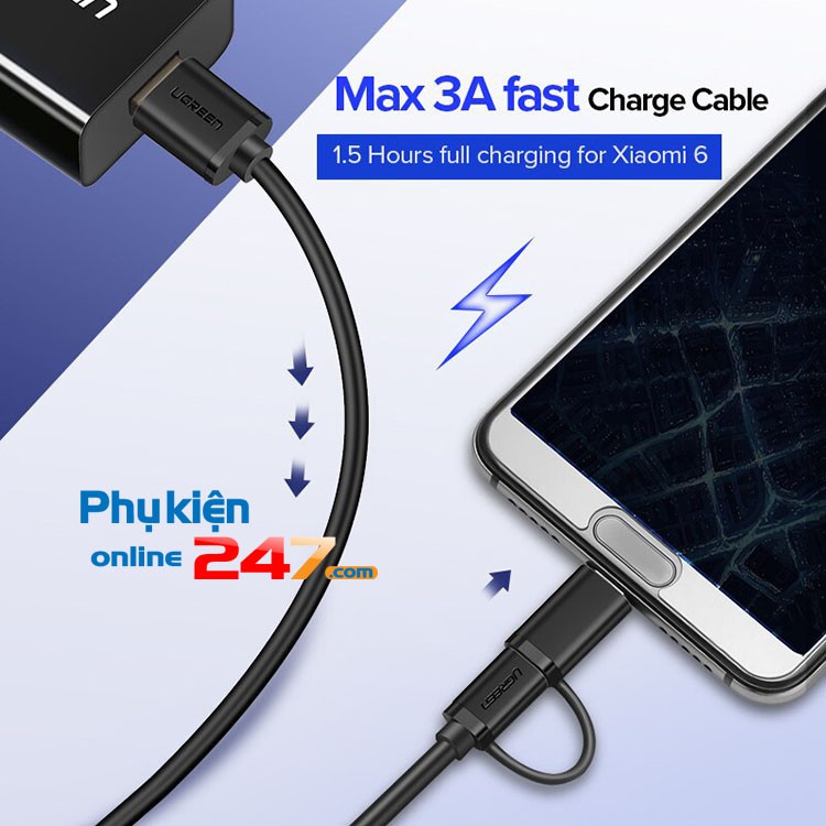 Cáp sạc 2 đầu Micro USB và USB type C cao cấp