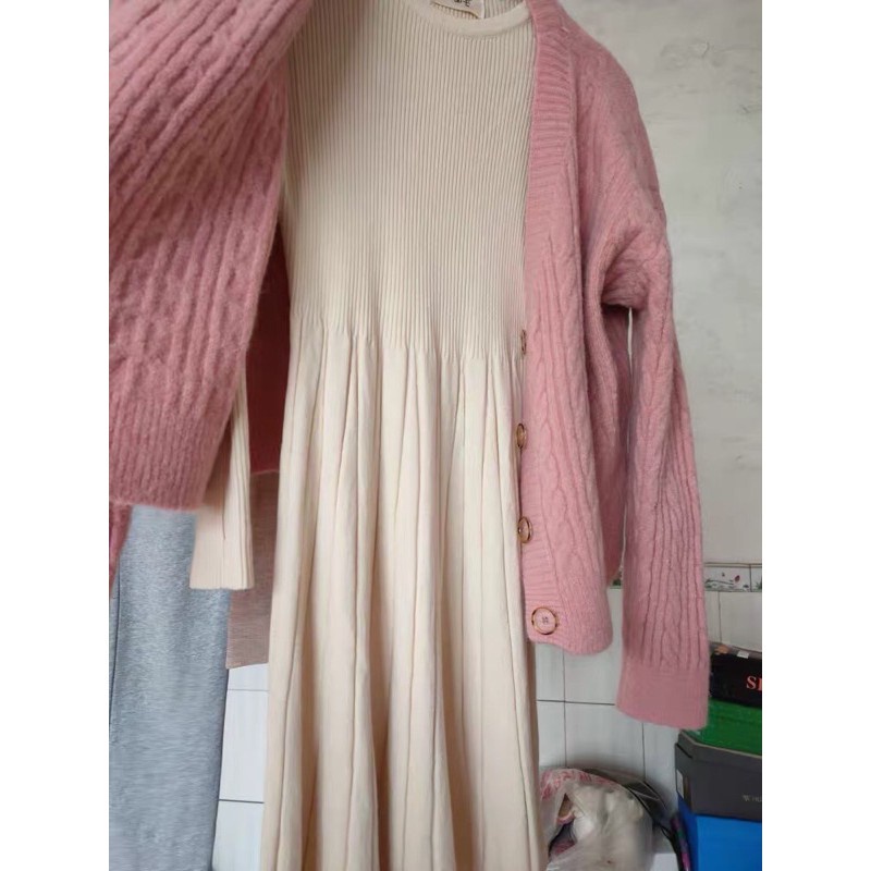 ঔৣ (Ảnh thật) Váy len cổ tròn dài tay dáng xoè xếp ly dáng dài và ngắn bạn thân ulzzang tiểu thư vintage ঔৣ