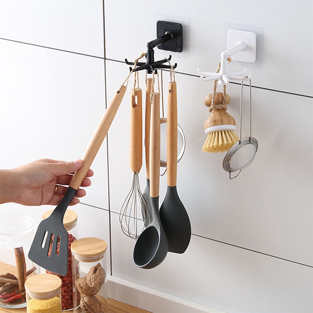 Giá Tròn Treo Đồ Nhà Bếp Dán Tường 6 Móc JJ86 Xoay 360 Độ Treo Đồ Đa Năng