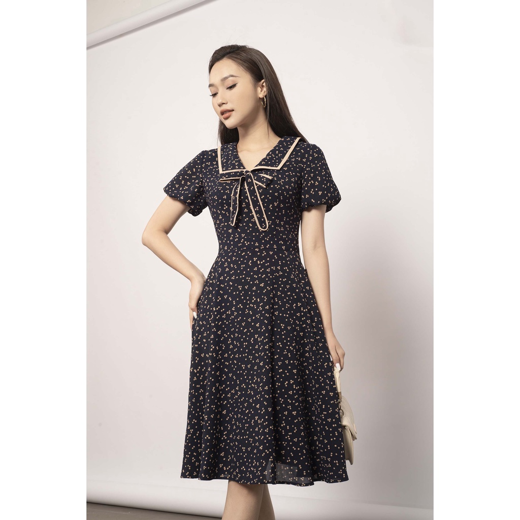 Đầm dáng xòe, tay bồng, cổ buộc nơ, viền cổ màu trắng MMOutfit M-DA061121347