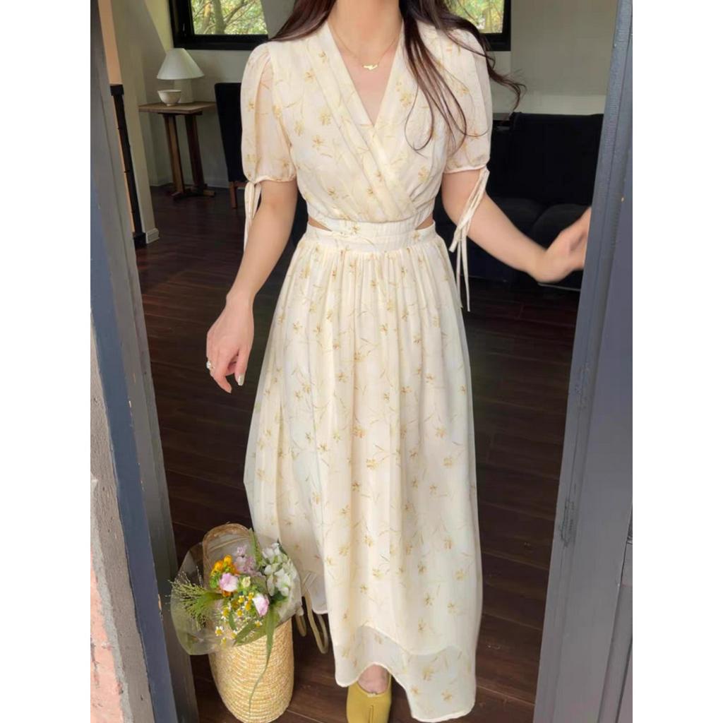 [ORDER] Đầm Hoa Cổ Chữ V Nhấn Eo Thời Trang - Váy Voan Dáng Dài Mùa Hè Order Taobao VD034 ICC Official Store