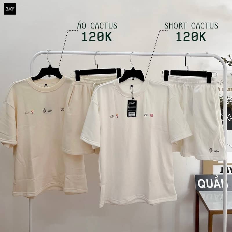 Set bộ Áo thun và quần CACTUS  màu TRẮNG/KEM vải da cá dày mịn  Nam nữ unisex  Jaystoree2