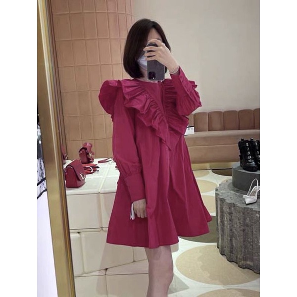[FREESHIP] Đầm suông hồng cổ bèo tay dài siêu xinh