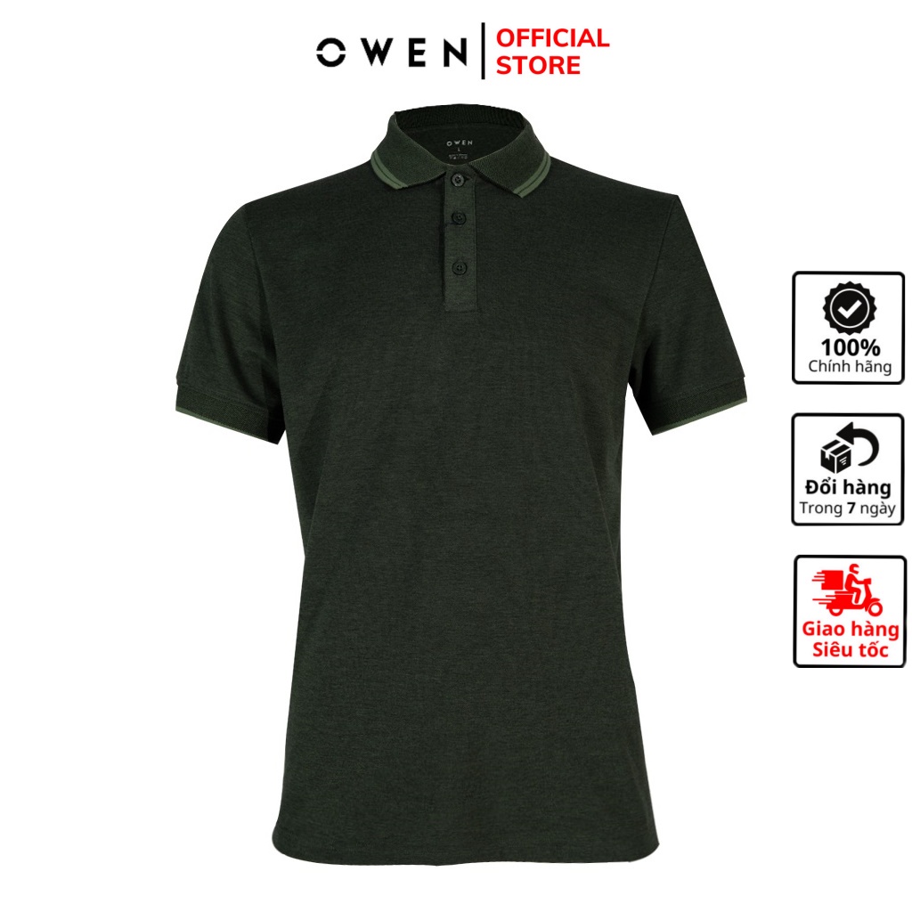 Áo thun nam có cổ bẻ polo OWEN APV220337 phông ngắn tay hàng hiệu cao cấp dáng body fit màu xanh lá viền cổ vải cotton