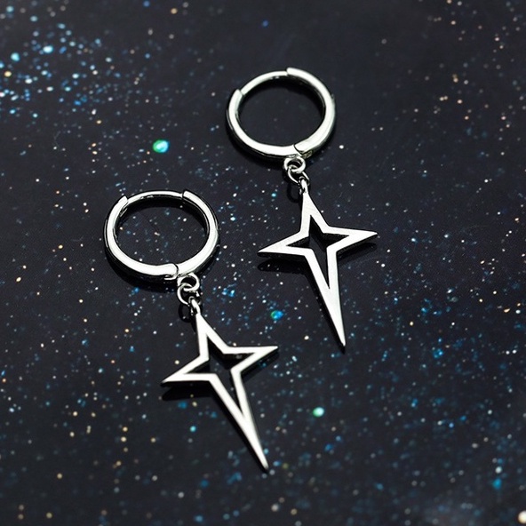 Khuyên Tai Tròn Hình Ngôi Sao Chữ Thập Unisex Gre Earing Màu Bạc Đẹp Cá Tính Chất - Khuyên Tai Thời Trang Merin Titan