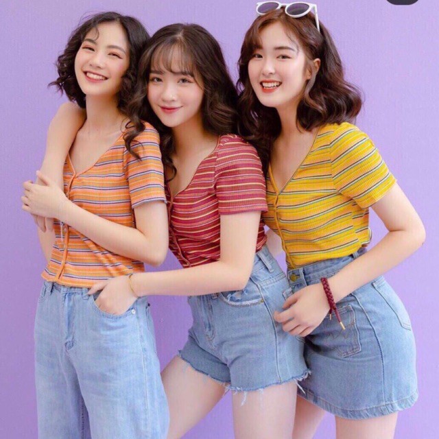Áo thun kẻ cổ tim cúc mã 357