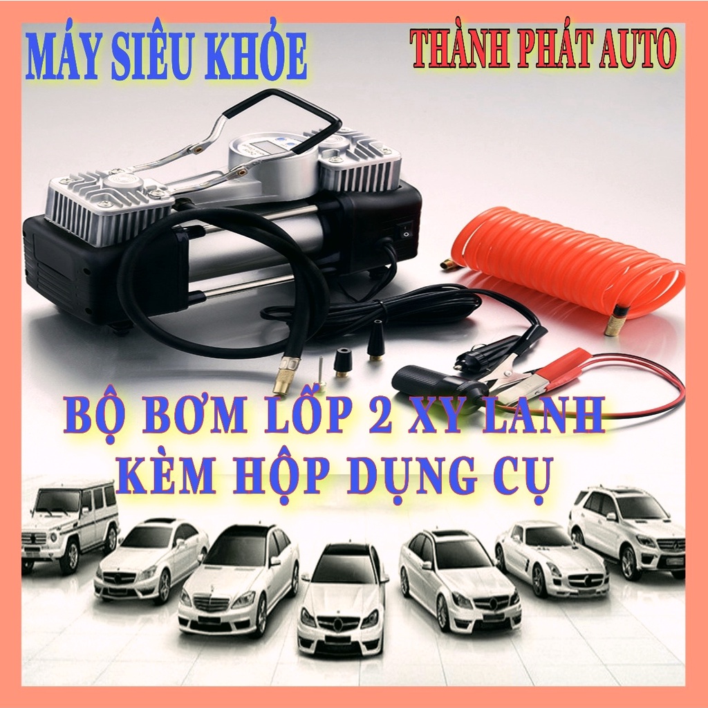 Bơm lốp ô tô 2 xi lanh công suất lớn 280W bơm nhanh đồng hồ cơ kèm hộp đựng dụng cụ, Máy Bơm Lốp Xe Hơi 12v- BH 6 Tháng