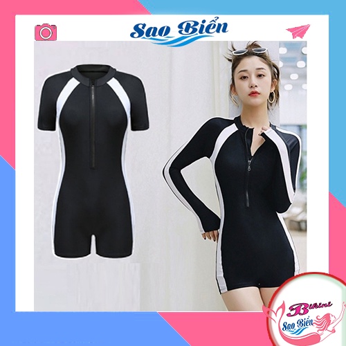 Đồ bơi nữ kín đáo đồ đi biển 1 mảnh phối trắng khóa kéo