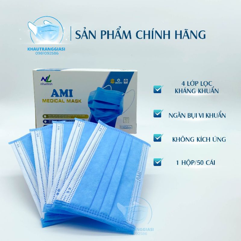 Khẩu trang y tế Ami giấy kháng khuẩn 4 lớp màu xanh hộp 50 chiếc