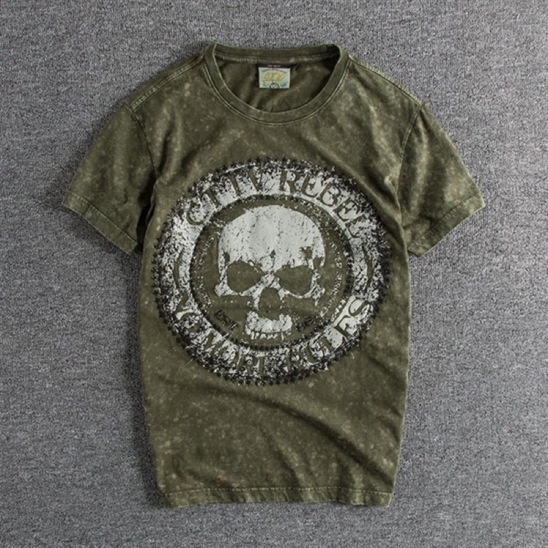 Áo thun cổ tròn wash phong cách lính_quân đội