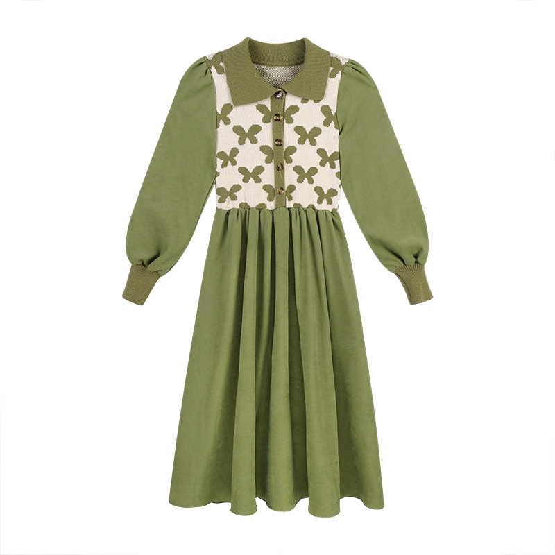 Váy Nhung Mix Len Thu Đông Ấm Áp Tay Bồng, Dáng Xòe Nhẹ