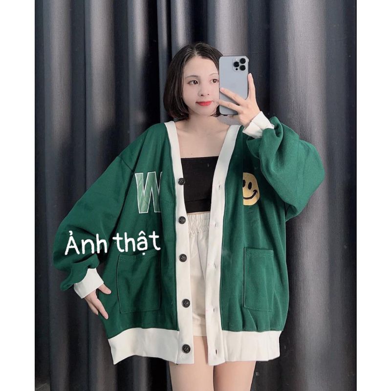[ SIÊU HOT ] Áo Khoác CARDIGAN Nỉ Mặt Cười W Màu Xanh Viền Trắng Form Rộng Nam Nữ Unisex Ulzzang sihoangngan
