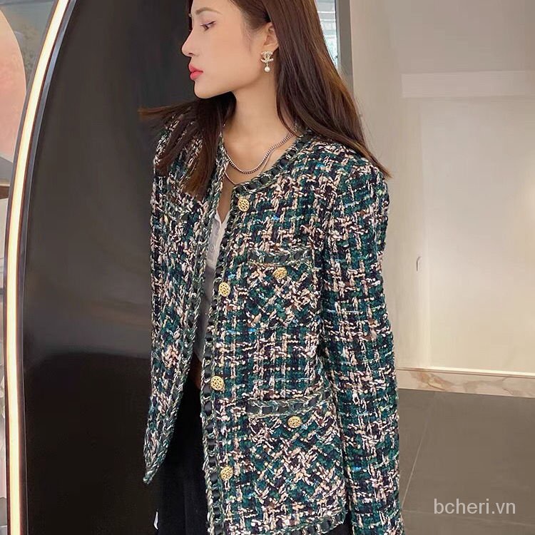 áo khoác dạ tweed nữ thu đông 2021 Năm Retro dáng ngắn xanh | BigBuy360 - bigbuy360.vn