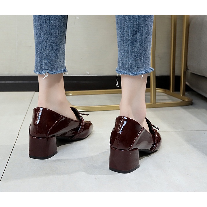Giày Loafer cao gót, giày lười nữ công sở mũi vuông trơn búp bê