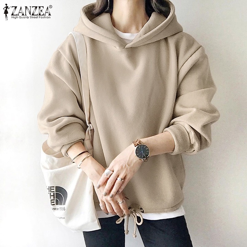Áo hoodie Zanzea màu trơn cổ chữ O dây rút giữ ấm thời trang đường phố cho nữ（Phần mỏng）