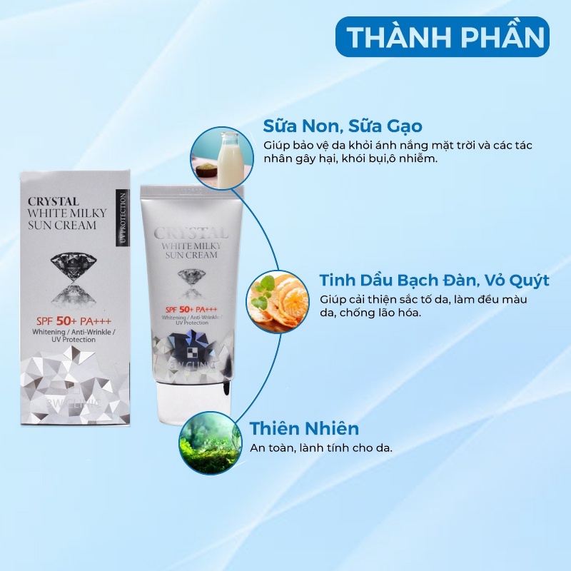 Kem Chống Nắng 3w Clinic Crystal White Milky Sun Cream Spf 50/ Pa +++ Hàn Quốc 50ml