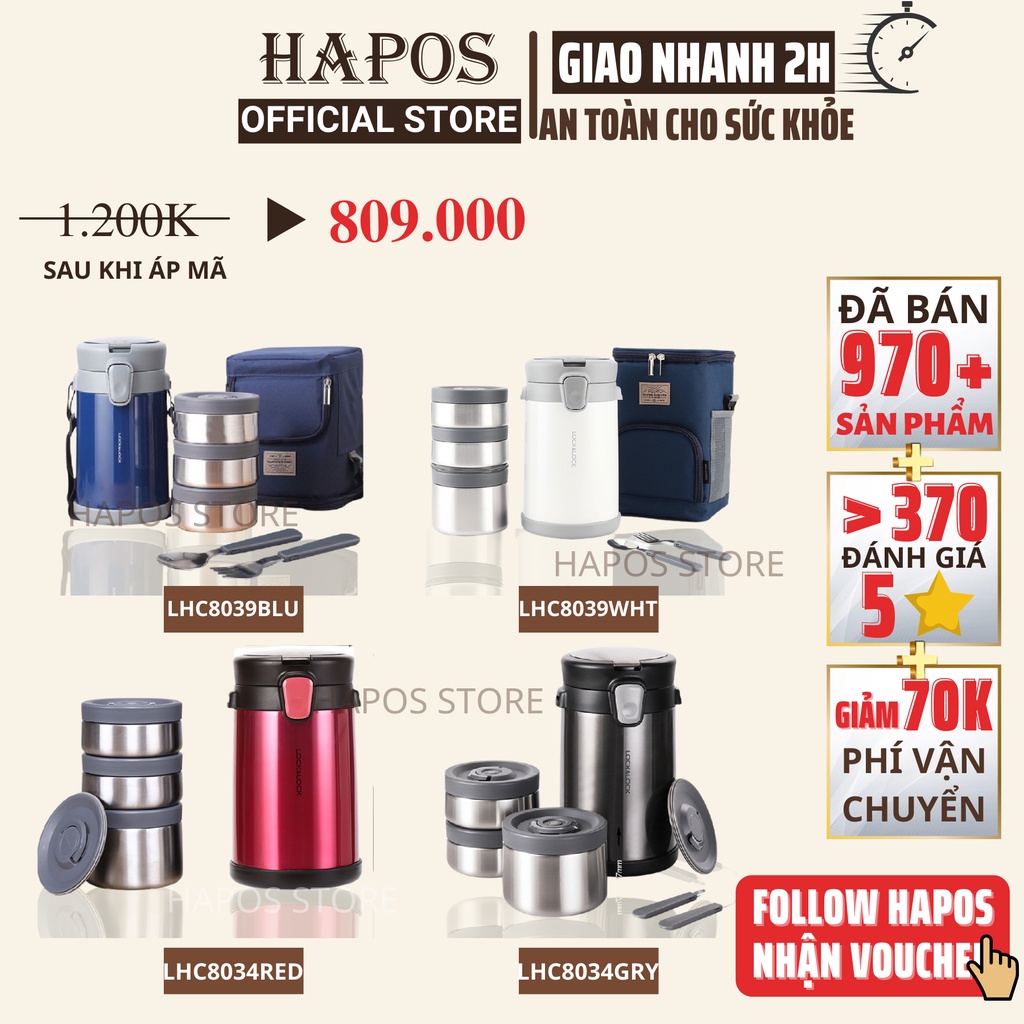 Hộp đựng cơm giữ nhiệt Lock&Lock, cà mèn cơm văn phòng, cặp lồng chia 3 ngăn chất liệu inox 304 - HAPOS