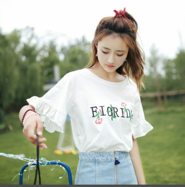 Áo phông tay bèo chữ thêu co dãn 4 chiều
