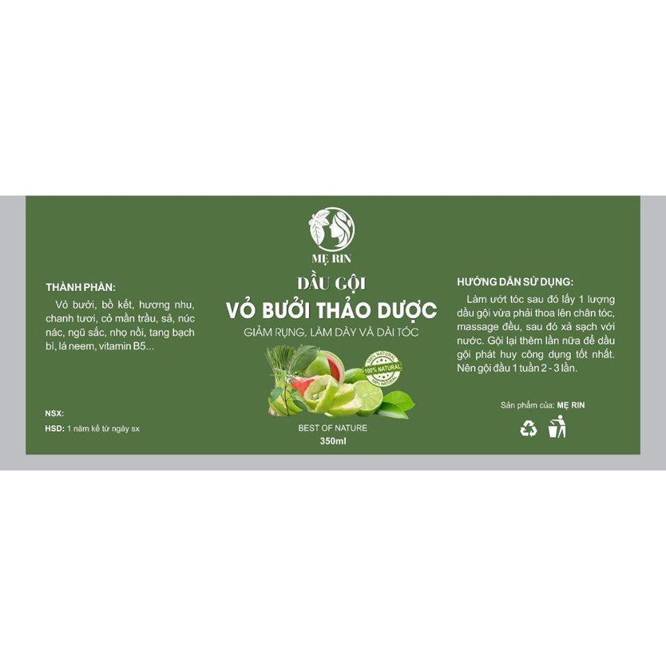 Dầu gội bưởi thảo mộc nguyên chất, mượt tóc,hỗ trợ phục hồi hư tổn mẹ Rin handmade